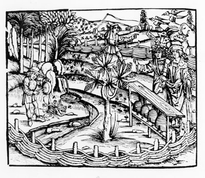 Glückliche Bauern, die Bienen pflegen, Illustration aus den Georgica von Virgil, Buch IV, aus der Ausgabe von Sebastian Brant (1457-1521), veröffentlicht 1502 von German School