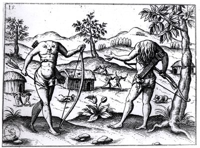 Kopfloser Männer und Frauen, Illustration aus Sir Walter Raleighs Bericht über Guyana, veröffentlicht in Nürnberg, 1599 von German School
