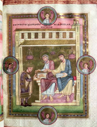 Heinrich III. (1017-56) mit den Aposteln Simon und Judas, aus dem Codex Caesareus Upsaliensis, ca. 1045 von German School