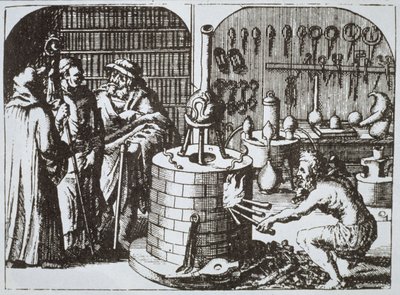 Hermetische Philosophen und ein Alchemist, aus Museum Hermeticum von Michael Majer (1625) illustriert in einer Geschichte der Magie, veröffentlicht Ende des 19. Jahrhunderts von German School