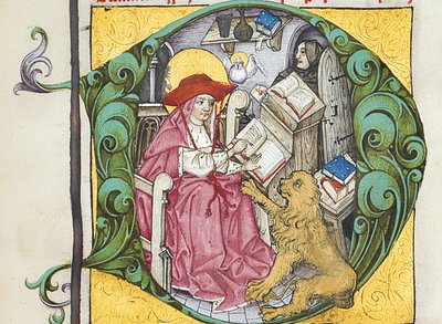 Initiale D aus Epistolae Hieronymus, Briefe und Traktate des Heiligen Hieronymus, herausgegeben von Adrianus Brielis von German School