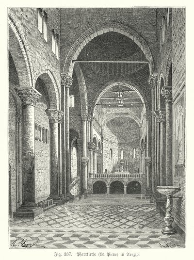 Innenraum der Kirche Santa Maria della Pieve, Arezzo, Italien (Stich) von German School