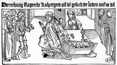 Jüdischer Geldverleiher mit seiner Familie empfängt Kunden, 1491 von German School