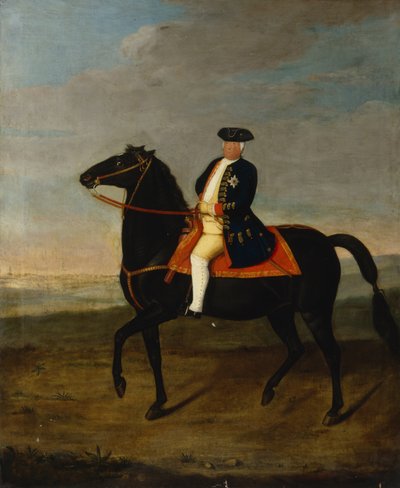 König Friedrich Wilhelm I. zu Pferd mit Potsdam im Hintergrund, um 1735 von German School