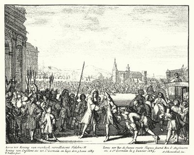 Ludwig XIV. von Frankreich begrüßt Jakob II. von England im Exil von German School