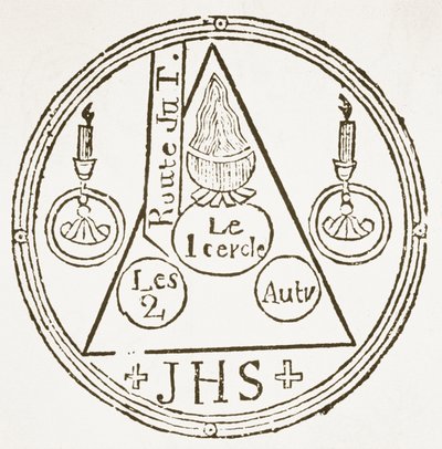 Magischer Kreis, Kopie einer Illustration aus Dreyfacher Hollenzwang von Dr Faustens, Passau 1407, Reproduziert in Das Kolster Vol V, von J Scheible, 1845, verwendet in einer Geschichte der Magie, veröffentlicht Ende des 19. Jahrhunderts von German School