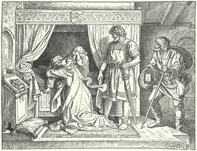 Margarete von Sizilien, Tochter des Heiligen Römischen Kaisers Friedrich II., verlässt ihre Söhne nach der Entdeckung des Ehebruchs ihres Mannes, Albrecht der Entartete, Markgraf von Meißen von German School