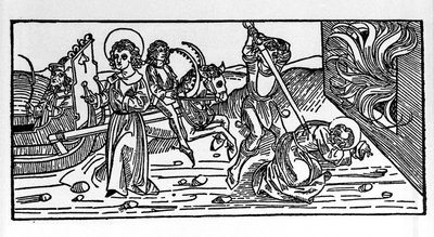 Martyrium des heiligen Polykarp von Smyrna (ca. 69-155), Bischof. Gravur aus dem „Leben der Heiligen - Sommerteil“ von Jacobus von Voragine von German School