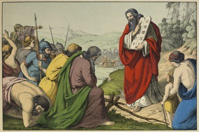 Moses und die Gesetzestafeln, Illustration aus dem Alten Testament, veröffentlicht von Jakob Ferdinand Schreiber, Esslingen (Farbstich) von German School