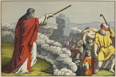 Moses teilt die Wasser des Roten Meeres, Illustration aus dem Alten Testament, veröffentlicht von Jakob Ferdinand Schreiber, Esslingen (Farbstich) von German School