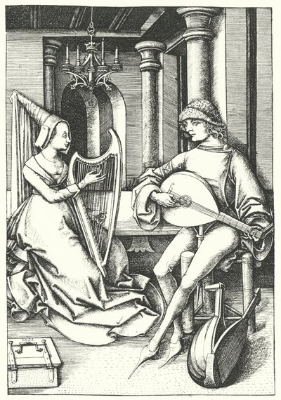 Musiker spielen Laute und Harfe in einem Landhaus im 15. Jahrhundert (Stich) von German School