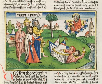 Numeri 16:32 Die Erde verschlingt die Rebellen Dathan und Abiram, aus der Nürnberger Bibel (Biblia Sacra Germanaica) von German School