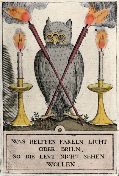 Eule mit Brille, Symbol der Weisheit. Gravur aus dem "Amphitheatrum sapientiae aeternae". (Amphitheater der ewigen Weisheit) (Hamburg: n.n.) von German School