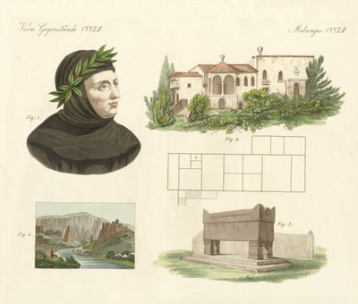 Petrarca, Seine Wohnung in Arqua, Sein Grab zusammen mit einer Ansicht von Vaucluse von German School