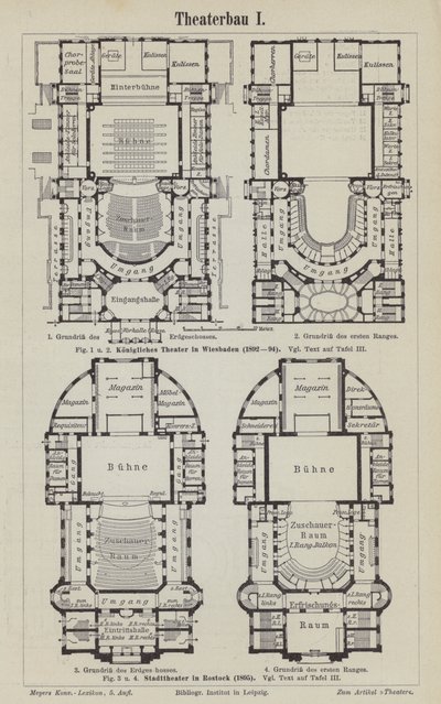 Pläne des Königlichen Theaters Wiesbaden und des Stadttheaters Rostock, Deutschland (Gravur) von German School
