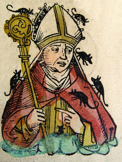 Porträt von Hatto, der Erzbischof von Mainz, dargestellt wie er von Mäusen lebendig gefressen wird, veröffentlicht in der Nürnberger Chronik, 1493 von German School