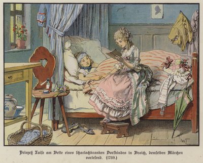 Prinzessin Louise von Mecklenburg-Strelitz liest am Bett eines kranken Dorfmädchens in Broich von German School