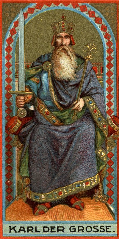 Darstellung von Karl dem Großen (742-814), König der Franken, der Langobarden und dann Kaiser. Chromolithographie von German School