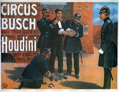 Reproduktion eines Plakats von 1907, das Houdini vor einem Ausbruch aus einem deutschen Gefängnis zeigt von German School
