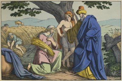 Ruth und Boas, Illustration aus dem Alten Testament, veröffentlicht von Jakob Ferdinand Schreiber, Esslingen (Farbstich) von German School