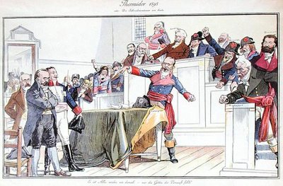 Satirische Karikatur, die die Dreyfus-Affäre als revolutionären Prozess darstellt von German School