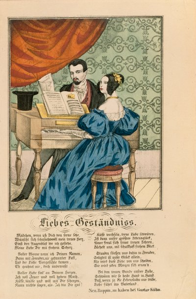 Szene zeigt ein Paar am Klavier, mit einem Liebesgedicht darunter, aus Neuruppiner Bilderbogen, 1850 von German School