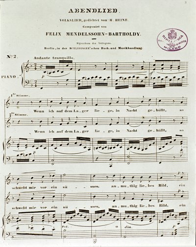 Partiturseite von Abendlied von Felix Mendelssohn von German School