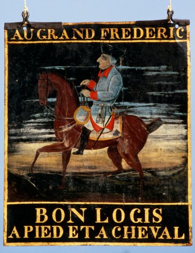 Wegweiser mit Friedrich dem Großen zu Pferd für das Gasthaus Le Cadiot von German School