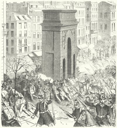 Soldaten auf den Straßen von Paris während des französischen Staatsstreichs im Dezember 1851 (Stich) von German School