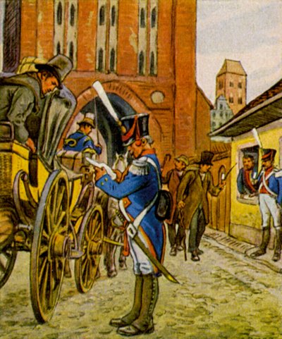 Stadtsoldaten am Tor (Farblithografie) von German School