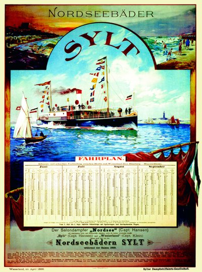 Sylt, Plakat zur Werbung für die Sylter Dampfschifffahrtsgesellschaft, 1899 von German School