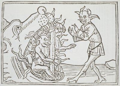 Der Teufel Belial vor den Toren der Hölle, aus Das Buch Belial, veröffentlicht in Augsburg, 1473 von German School