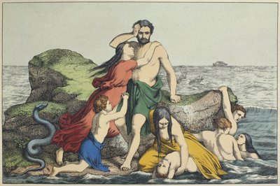 Die Sintflut, Illustration aus dem Alten Testament, veröffentlicht von Jakob Ferdinand Schreiber, Esslingen (Farbstich) von German School
