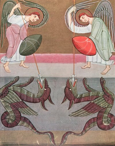 Die Engel, die den heiligen Michael begleiten, greifen die Drachen an, Faksimile der Bamberger Apokalypse von German School