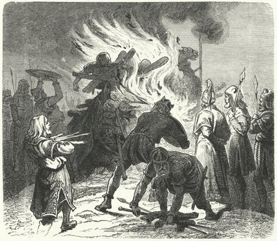 Der legendäre schwedische König Sigurd Hring verbrennt den Leichnam von Harald Wartooth nach der Schlacht von Bravellir (Gravur) von German School