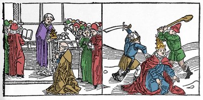 Das Martyrium des heiligen Fabian (3. Jahrhundert), Papst, gefoltert und dann enthauptet unter der Herrschaft von Kaiser Decius. Gravur aus „Leben der Heiligen - Sommerteil“ von Jacobus von Voragine. Lübeck 1488 von German School