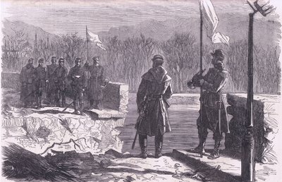 Die Friedensverhandlungen - ein Treffen an der Brücke von Sèvres, Cassells Geschichte des Krieges zwischen Frankreich und Deutschland, veröffentlicht von Cassell and Company Limited, ca. 1890 (Lithografie) von German School