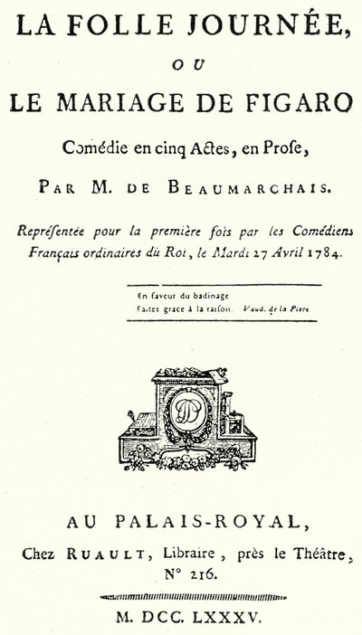 Titelseite des Stücks Die Hochzeit des Figaro von Pierre Beaumarchais, erstmals aufgeführt 1784 von German School