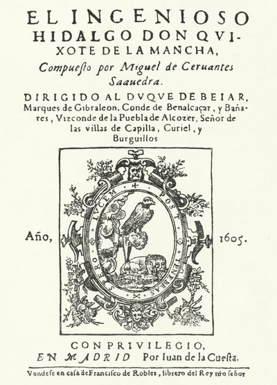 Titelseite der ersten Ausgabe des Romans Don Quijote von Miguel de Cervantes (Stich) von German School