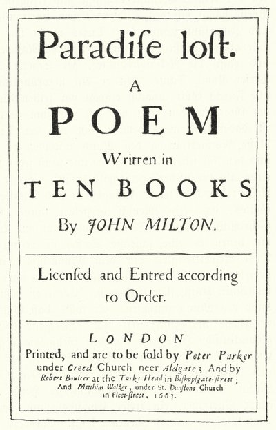 Titelseite der Originalausgabe von Paradise Lost des englischen Dichters John Milton, veröffentlicht 1667 (Gravur) von German School