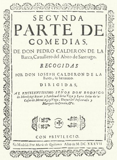 Titelseite des zweiten von vier Bänden der Comedias von Calderon, veröffentlicht 1637 von German School