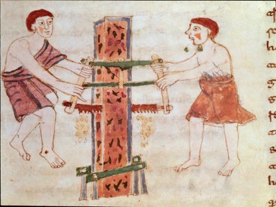 Zwei Männer sägen einen Marmorstamm (Miniatur, 9. Jahrhundert) von German School
