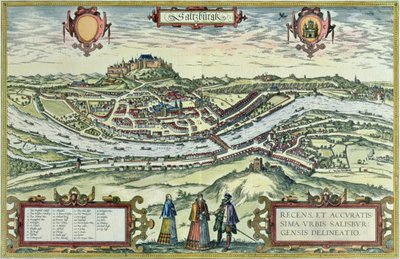 Ansicht der Stadt Salzburg am Ufer der Salzach mit der Festung Hohensalzburg im Hintergrund, aus 