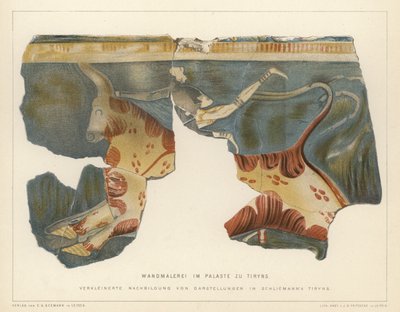 Wandmalerei aus dem mykenischen Palast in Tiryns, Griechenland, ausgegraben vom deutschen Archäologen Heinrich Schliemann (Farblithografie) von German School