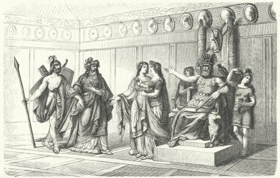 Wotan empfängt die Musiker, eingeführt von Bragi, dem Gott der Poesie und des Gesangs (Stich) von German School