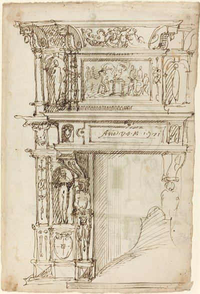 Prunkvoller Kamin mit einer Szene des antiken Opfers von German or Austrian 16th Century