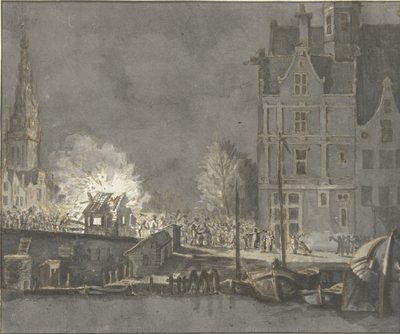 Verbrennen der Zollhäuschen bei der Nieuwebrug in Amsterdam von Gerrit Lamberts