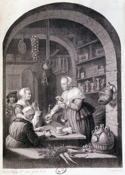 Dorfladenbesitzer wiegt mit einer Waage. 18. Jahrhundert von Gerrit or Gerard (after) Dou