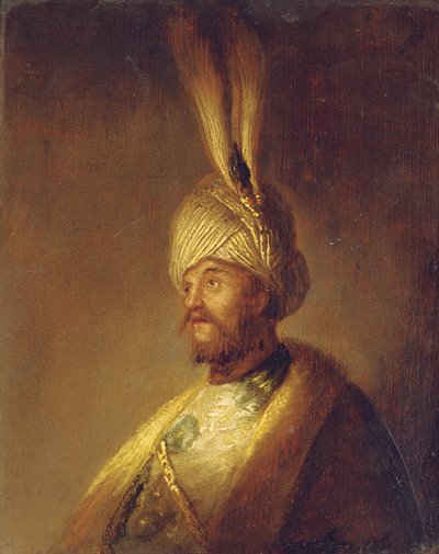 Porträt eines Mannes, Brustbild, mit einem Turban mit einer Feder von Gerrit Dou