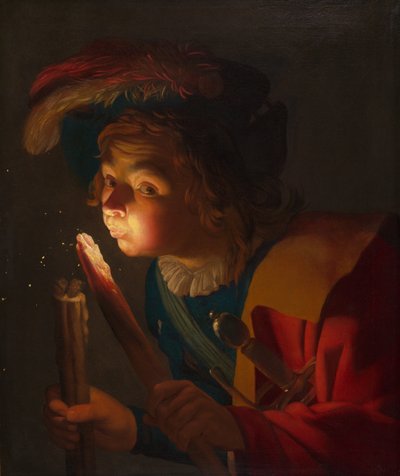 Ein Junge bläst auf einen Feuerbrand von Gerrit van Honthorst
